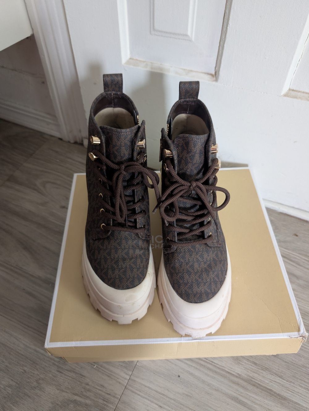 Michael Kors Brown Logo Lace-Up Lug Sole Ankle Boots with Gold Accents - Picture 4 of 6